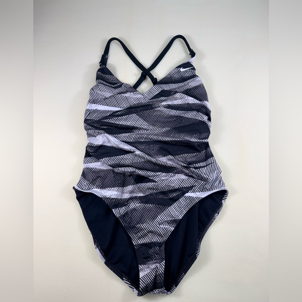 Nike Black & Gray Striped Cross-Back One-Piece Swimsuit XL